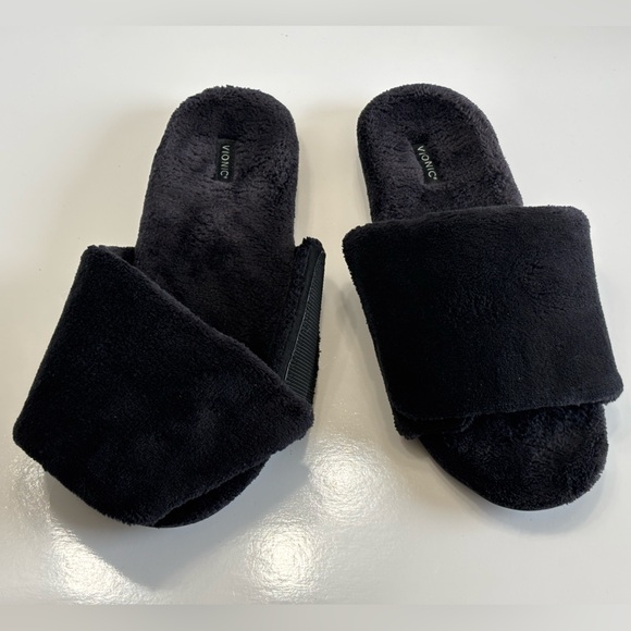 Vionic Dream Cozy Women's 8 Black Faux Fur Slide Slippers Adjustable Comfy Flats - Picture 10 of 16